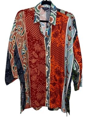 CITRON Santa Monica Top Womens XL Silk Button Blouse Floral Artsy Boho Multi